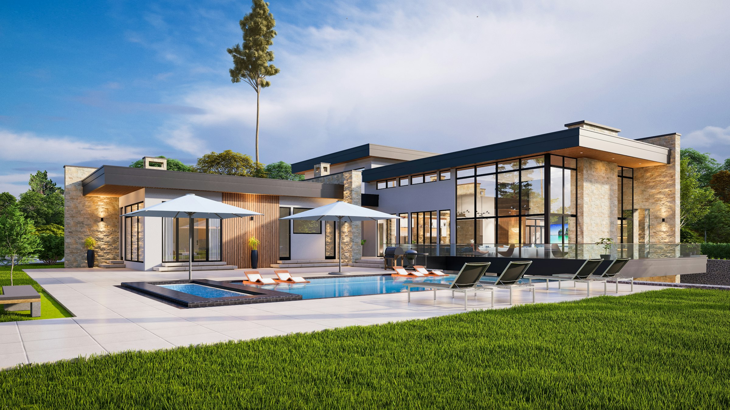 A modern luxury estate home with a private pool at dusk